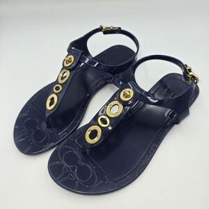 COACH Q1786 Phila Navy Plastic Thong Flat Sandals Brass Turnlock Accents Size 5B